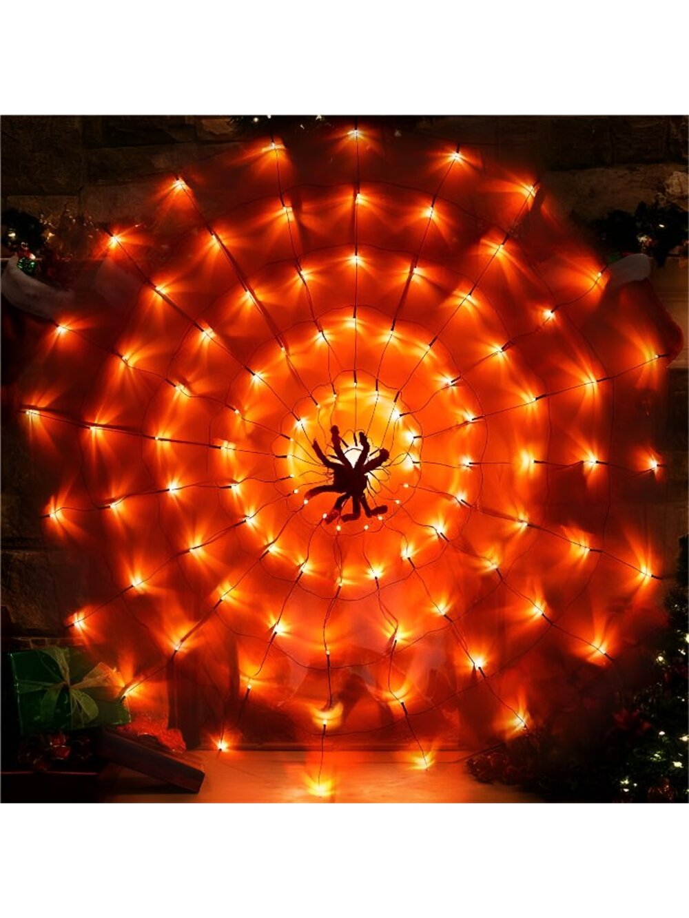 120 Led 4.92FT Giant Spider Web Lights with Hairy Spider and Cobweb (Orange)